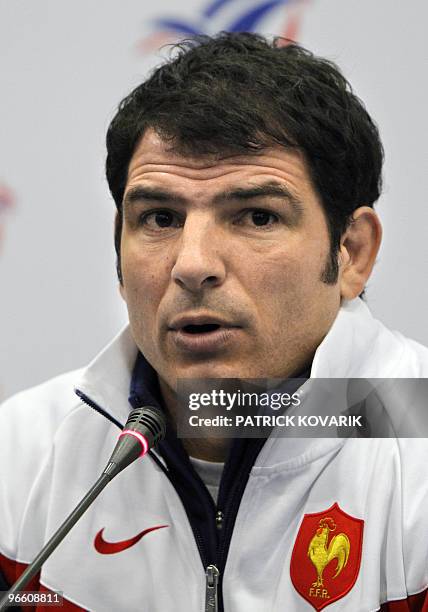 France's rugby union national team head coach Marc Lievremont gives a press conference, on February 10, 2010 in Marcoussis, to announce the team for...