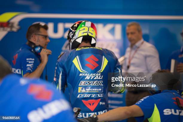 Andrea Iannone of Italy and Team Suzuki ECSTAR returns in box during the qualifying practice during the MotoGp of Italy - Qualifying at Mugello...