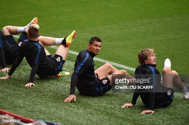 Croatia's goalkeeper Lovre Kalinic take part in a training session at Anfield stadium in Liverpool on June 2 ahead their International friendly...