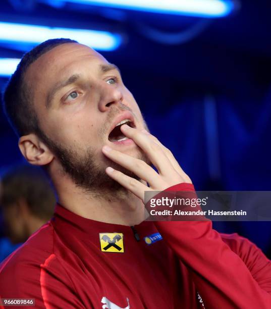 Marko Arnautovic of Austria waits in the players tunnel before the International Friendly match between Austria and Germany at Woerthersee Stadion on...