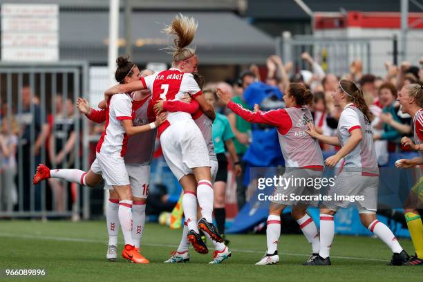 Stefanie van der Gragt of Ajax Women celebrates 1-0 with Merel van Dongen of Ajax Women, Lucienne Reichardt of Ajax Women, Soraya Verhoeve of Ajax...