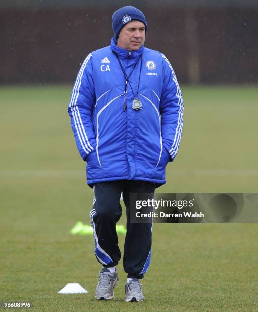 Chelsea manager Carlo Ancelotti during a training session at the Cobham training ground on February 12, 2010 in Cobham, England.