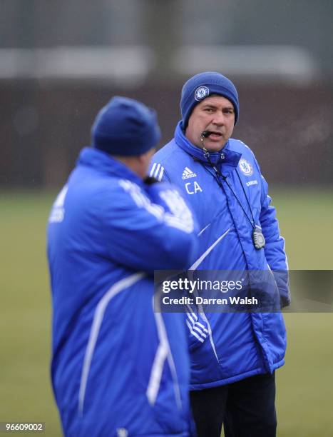 Chelsea manager Carlo Ancelotti during a training session at the Cobham training ground on February 12, 2010 in Cobham, England.