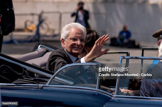 Italy's President Sergio Mattarella at the end of the ceremony greets the people who attended the anniversary of the Italian Republic on June 2, 2018...
