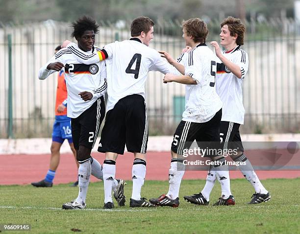 Danny Da Costa Vieira, Nico Schulz, Johannes Geis and Fabian Hurzeler of Germany celebrate scoring a goal during the U17 friendly international match...