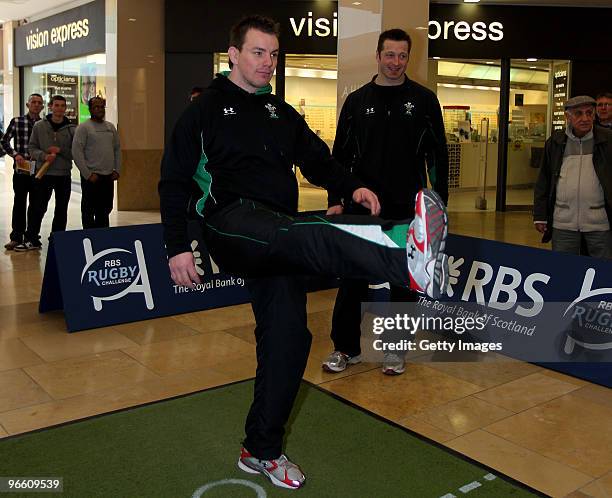 Wales player Matthew Rees watched by Ian Gough, takes part in the RBS Rugby challenge at St David's Centre on February 12, 2010 in Cardiff, Wales.