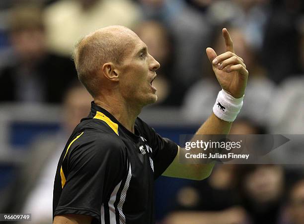 Nikolay Davydenko of Russia complains to the umpire in his match against Jurgen Melzer of Austria during day five of the ABN AMBRO World Tennis...