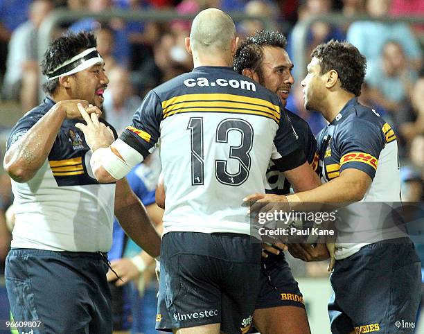 The Brumbies celebrate a try by Huia Edmonds during the round one Super 14 match between the Western Force and the Brumbies at ME Bank Stadium on...
