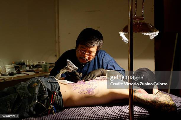 Tattoist Syodai Horitoshi attends the 15th Milano Tattoo Convention held at Ata Hotel on February 12, 2009 in Milan, Italy.