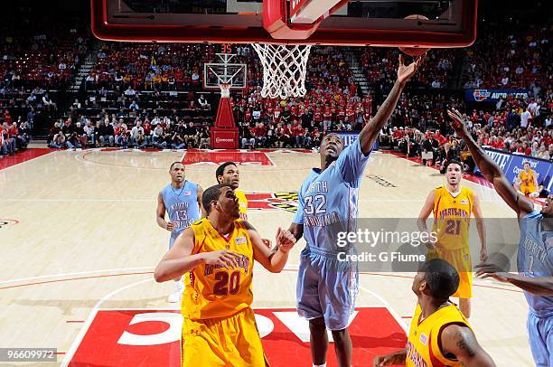 Ed Davis of the North Carolina Tar Heels grabs a rebound against the Maryland Terrapins at the Comcast Center on February 7, 2010 in College Park,...