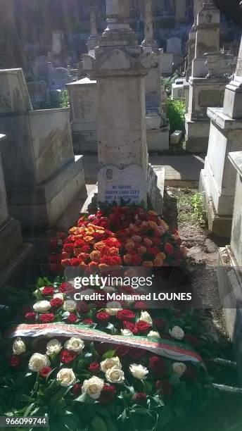 Tombe de Roger Hanin dans le carré israélite du cimetière de Saint-Eugène où il est enterré avec son père à Alger, le 14 février 2015. La Couronne de...