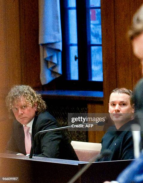 Defence council Bjorn Sandin and suspect Anders Hoegstroem attend a detention hearing in Stockholm city court on February 12, 2010. Anders Hoegstroem...