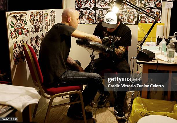 Man gets tattooed during the 15th Milano Tattoo Convention held at Ata Hotel on February 12, 2009 in Milan, Italy.