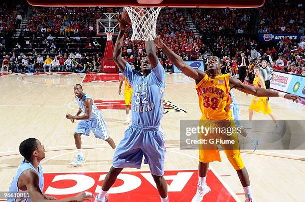 Ed Davis of the North Carolina Tar Heels grabs a rebound against the Maryland Terrapins at the Comcast Center on February 7, 2010 in College Park,...