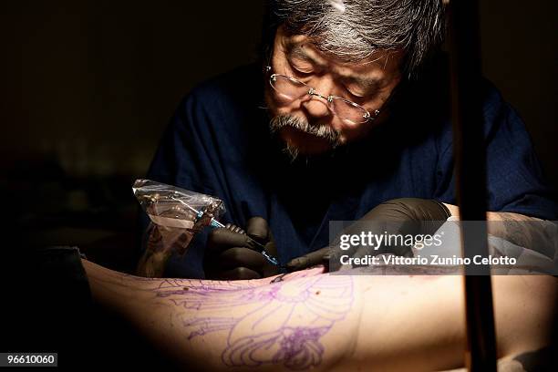 Tattoist Syodai Horitoshi attends the 15th Milano Tattoo Convention held at Ata Hotel on February 12, 2009 in Milan, Italy.