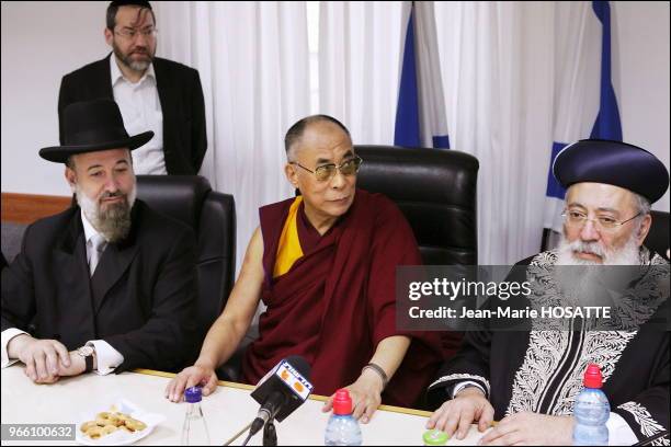 Tibetan spiritual leader, the Dalai Lama, with Israel Chief Ashkenaki rabbi Yehuda Metzger , and Israeli chief Sephardic rabbi Shlomo Amar, , during...