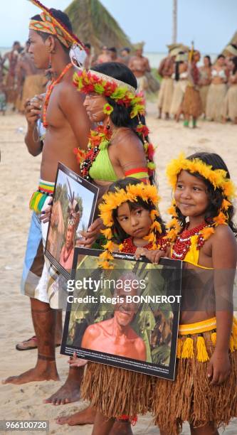 Members of the Pataxo tribe attend a the indigenous Pataxo games on April 17, 2012 at Coroa Vermelha beach, Brasil. Indigenous groups oppose Brazil?s...