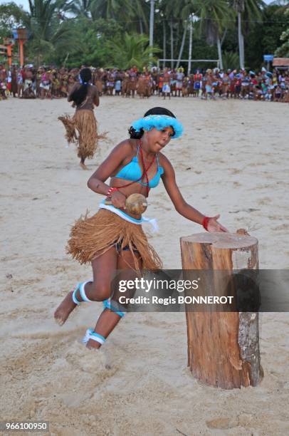 Members of the Pataxo tribe attend a the indigenous Pataxo games on April 17, 2012 at Coroa Vermelha beach, Brasil. Indigenous groups oppose Brazil?s...