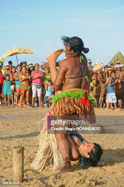 Members of the Pataxo tribe attend a the indigenous Pataxo games on April 18, 2012 at Coroa Vermelha beach, Brasil. Indigenous groups oppose Brazil?s...