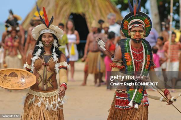 Members of the Pataxo tribe attend a the indigenous Pataxo games on April 19, 2012 at Coroa Vermelha beach, Brasil. Indigenous groups oppose Brazil?s...