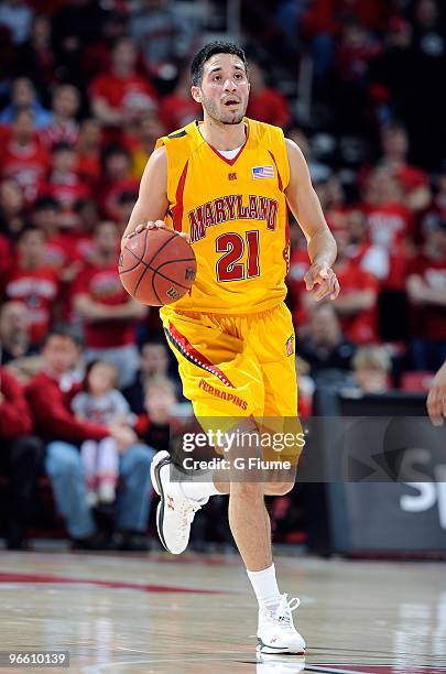 Greivis Vasquez of the Maryland Terrapins brings the ball up the court against the North Carolina Tar Heels at the Comcast Center on February 7, 2010...