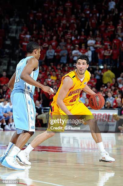 Greivis Vasquez of the Maryland Terrapins brings the ball up the court against the North Carolina Tar Heels at the Comcast Center on February 7, 2010...