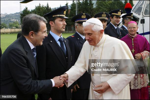 Pope Benedict XVI is greeted by Italian Prime Minister Romano Prodi as he arrives in Assisi- Pastoral visit of pope Benedict XVI in Assisi, the city...