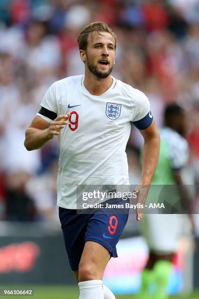 Harry Kane of England celebrates after scoring a goal to make it 2-0 during the International Friendly between England and Nigeria at Wembley Stadium...