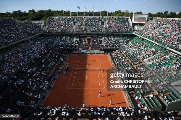 General view of the Philippe Chatrier court during the men's singles third round match between Argentina's Juan Martin del Potro and Spain's Albert...