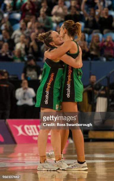 Ingrid Colyer of the Fever hugging Natalie Medhurst of the Fever at the end of the game at Perth Arena on June 2, 2018 in Perth, Australia.