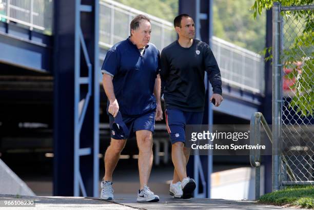 New England Patriots head coach Bill Belichick walks to the field during New England Patriots OTA on May 31 at the Patriots Practice Facility in...