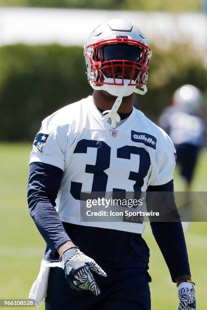 New England Patriots running back Jeremy Hill during New England Patriots OTA on May 31 at the Patriots Practice Facility in Foxborough,...