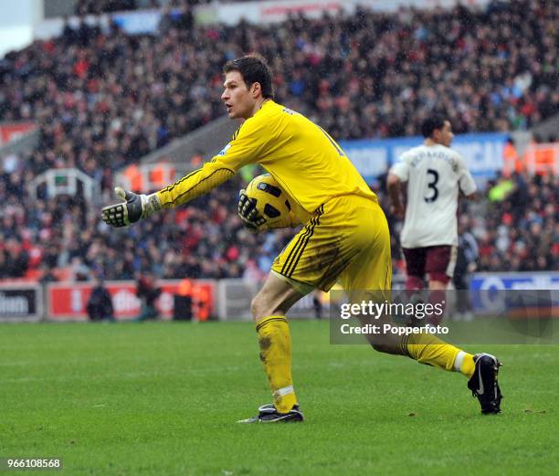 Stoke City goalkeeper Asmir Begovic in action during the Barclays Premier League match between Stoke City and Sunderland at the Britannia Stadium on...