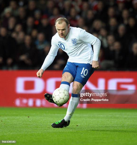 Wayne Rooney of Manchester United in action during the international friendly match between Denmark and England at Parken Stadium on February 9, 2011...