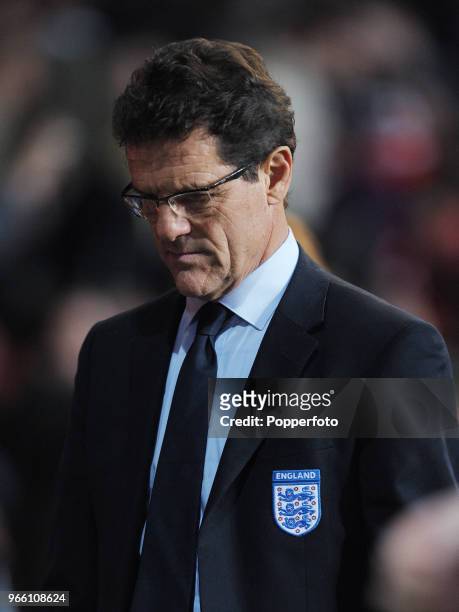 England manager Fabio Capello during the international friendly match between Denmark and England at Parken Stadium on February 9, 2011 in...