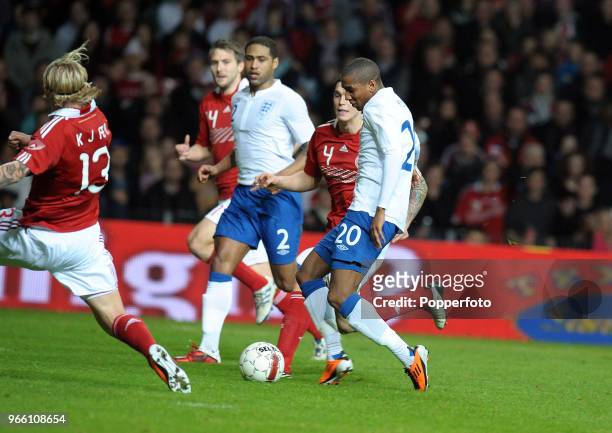 Ashley Young scoring a goal for England during the international friendly match between Denmark and England at Parken Stadium on February 9, 2011 in...