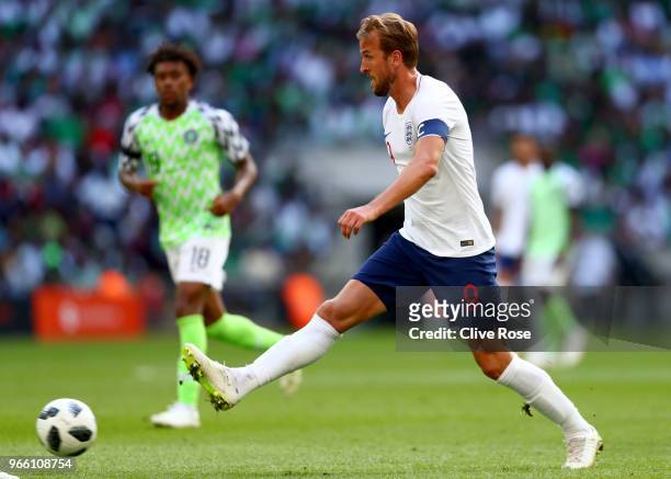 Harry Kane of England in action during the International Friendly match between England and Nigeria at Wembley Stadium on June 2, 2018 in London,...