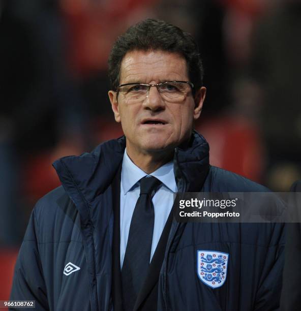 England manager Fabio Capello looks on during the international friendly match between Denmark and England at Parken Stadium on February 9, 2011 in...