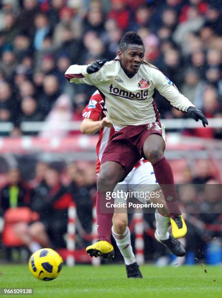 Asamoah Gyan of Sunderland in action during the Barclays Premier League match between Stoke City and Sunderland at the Britannia Stadium on February...