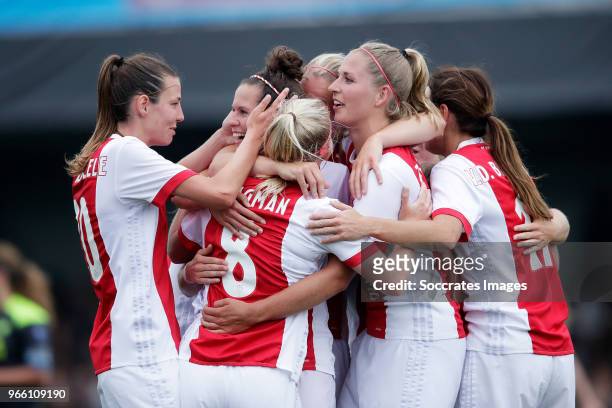 Inessa Kaagman of Ajax Women celebrates 2-0 with Nicky van den Abbeele of Ajax Women, Merel van Dongen of Ajax Women, Stefanie van der Gragt of Ajax...
