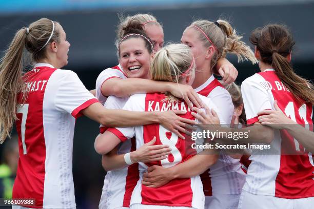 Inessa Kaagman of Ajax Women celebrates 2-0 with Lois Oudemast of Ajax Women, Merel van Dongen of Ajax Women, Kelly Zeeman of Ajax Women, Marjolijn...