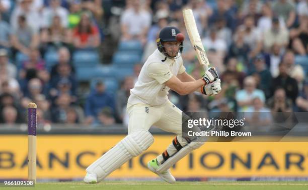 Jos Buttler of England hits out during the second day of the 2nd Natwest Test match between England and Pakistan at Headingley cricket ground on June...