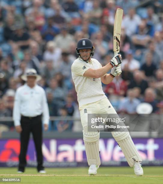 Jos Buttler of England hits out during the second day of the 2nd Natwest Test match between England and Pakistan at Headingley cricket ground on June...