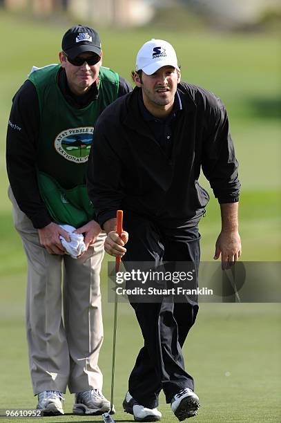 Player Tony Romo lines up a shot on the 15th hole during round one of the AT&T Pebble Beach National Pro-Am at Monterey Peninsula Country Club Shore...