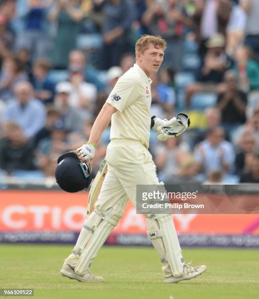 Dom Bess of England leaves the field after being dismissed during the second day of the 2nd Natwest Test match between England and Pakistan at...