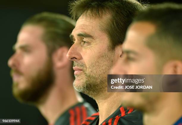 Spain's goalkeeper David de Gea , Spain's coach Julen Lopetegui and Spain's forward Lucas Vazquez attend a press conference of Spain's national...