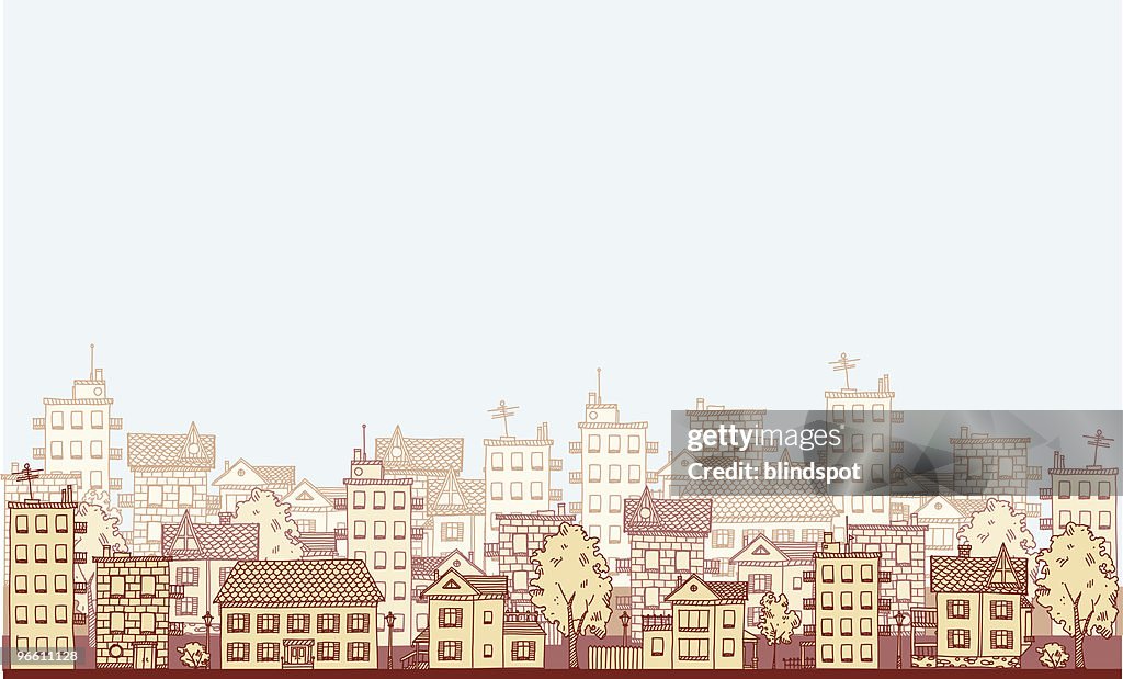 An illustration of a cityscape in varying shades of beige