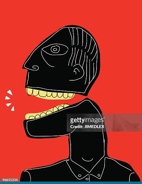 ilustraciones, imágenes clip art, dibujos animados e iconos de stock de hombre negro sobre rojo, blanco backgroud línea hablando, yelling - mouth
