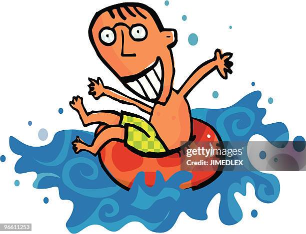 stockillustraties, clipart, cartoons en iconen met boy swimming with float splashing water - buitenbad