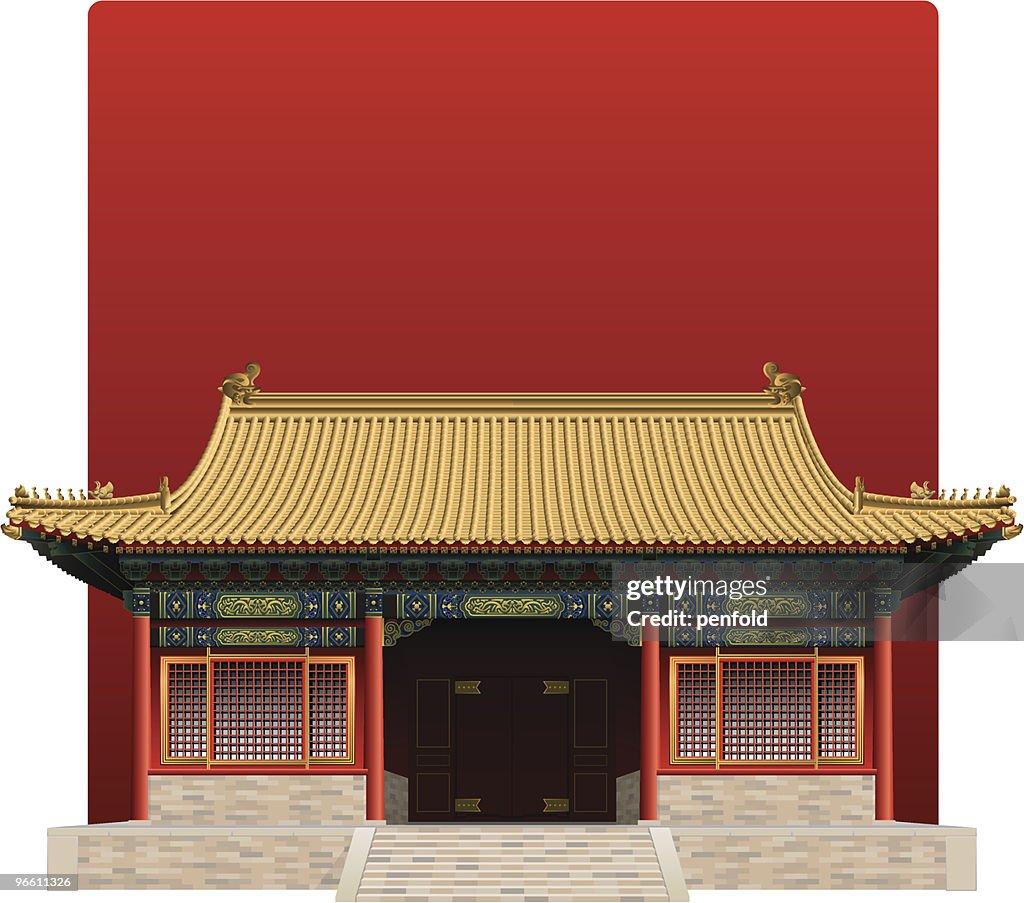Picture of the Forbidden City from China on a red background